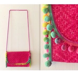 Hot Pink Raffia handbag with Rainbow Pom Poms